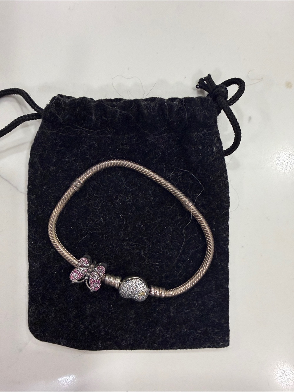 PANDORA Bracelet - Silver Tone Charm Bracelet with Pink Butterfly and Pavé Heart